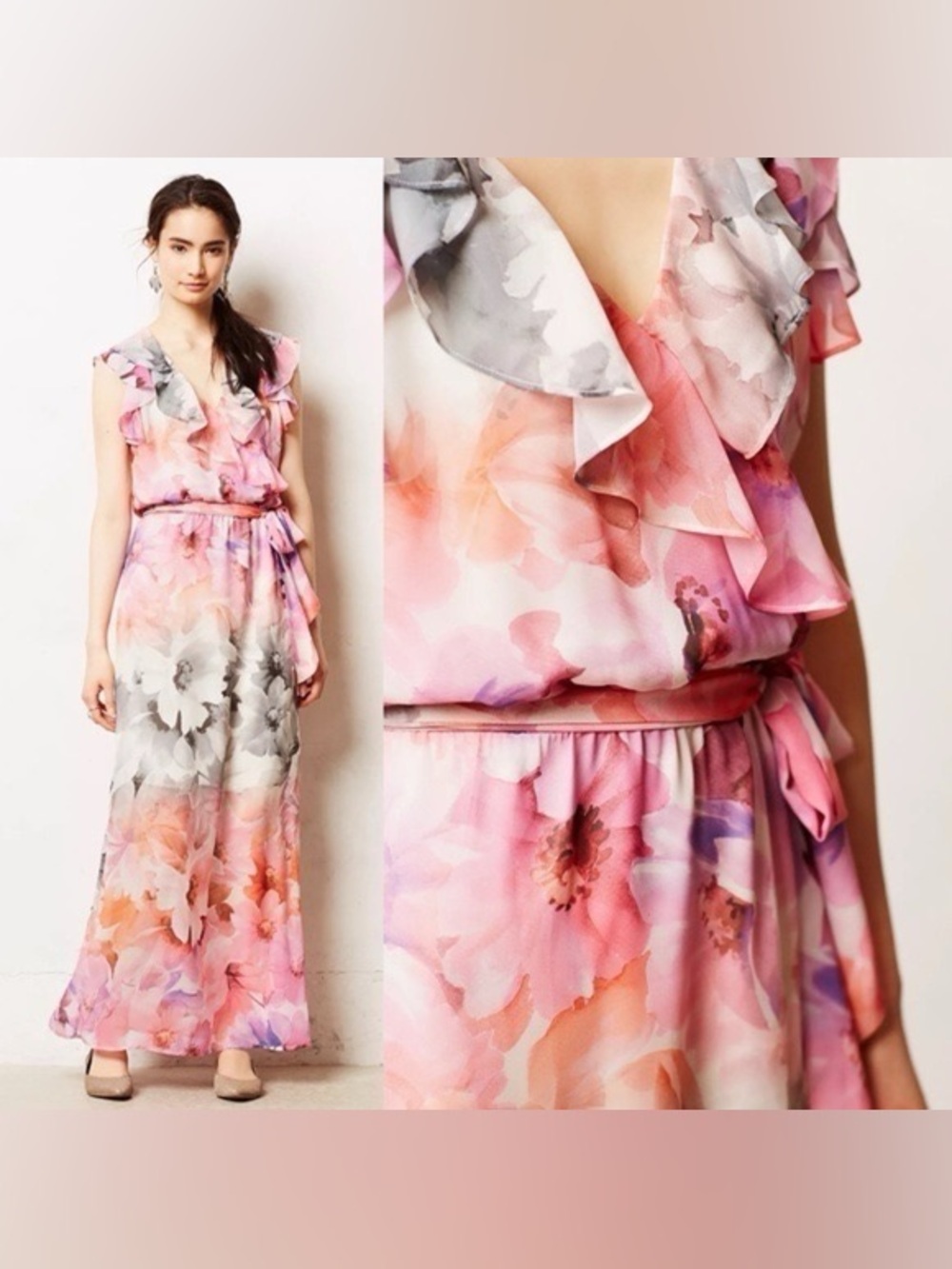 HD in Paris Floral Ruffle Maxi Dress in Pink, Coral and Gray